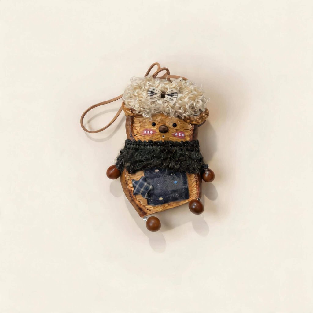 Pod Doll Midnight Scarf Poodle with fluffy curly cream hair, tiny bow, black scarf, and patchwork details on a neutral background