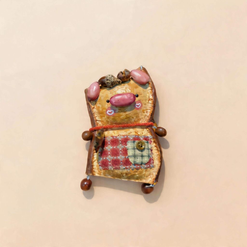 Handmade Woodland Pocket Piglet Decor with pink piggy details, plaid patch pocket, and rustic woodland styling on a neutral background
