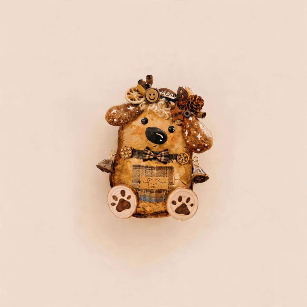 Handmade Woodland Puppy Decor with floppy ears, plaid bow tie, paw-print feet, and woodland details on a neutral background