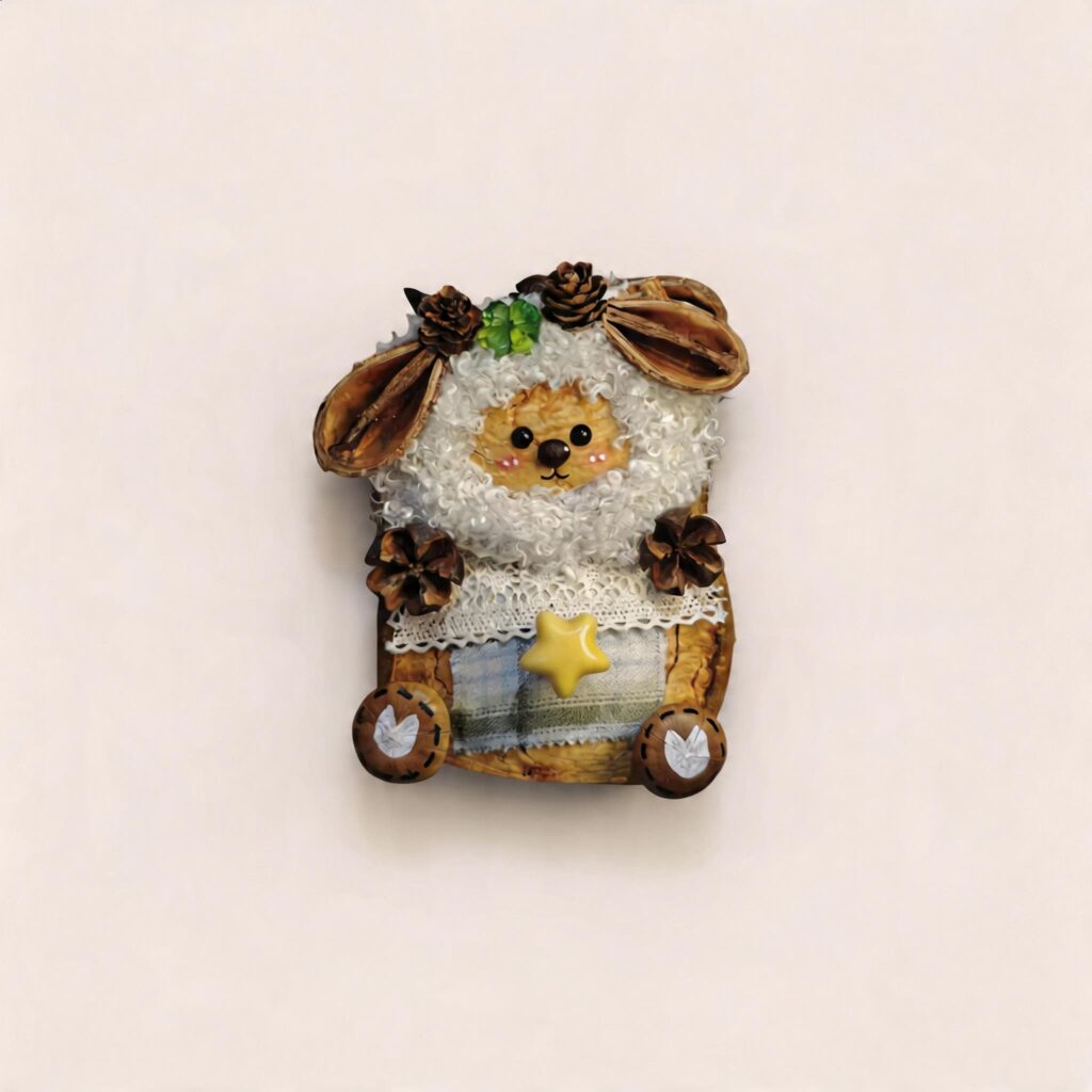 Handmade Clover Star Lamb pod doll with fluffy white wool texture, seed pod ears, pinecone accents, and yellow star centerpiece