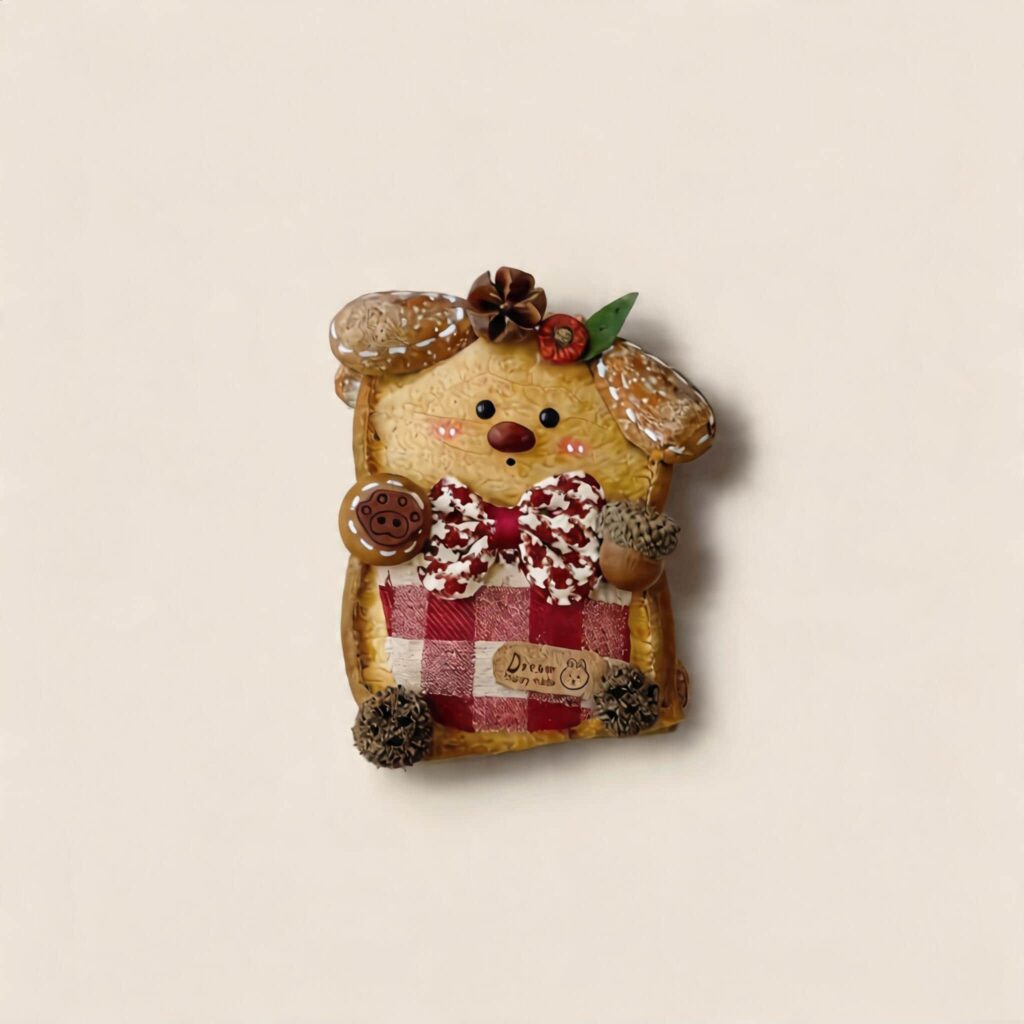 Handmade Red Plaid Acorn Puppy pod doll with floppy seed pod ears, red plaid pocket, woodland bow tie, and acorn accent