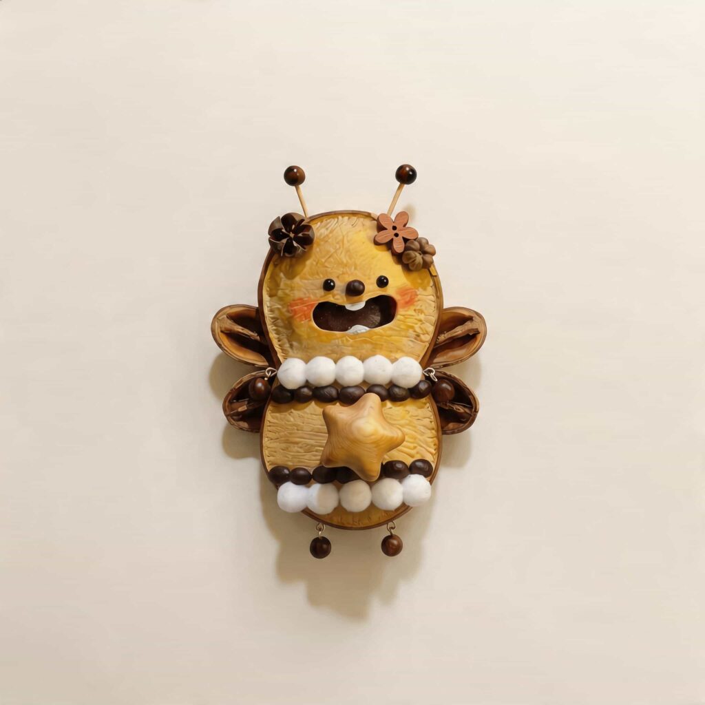 Handmade open-mouth Star Bee Fairy pod doll with tiny wings, antennae, white pom-pom details, and a wooden star centerpiece