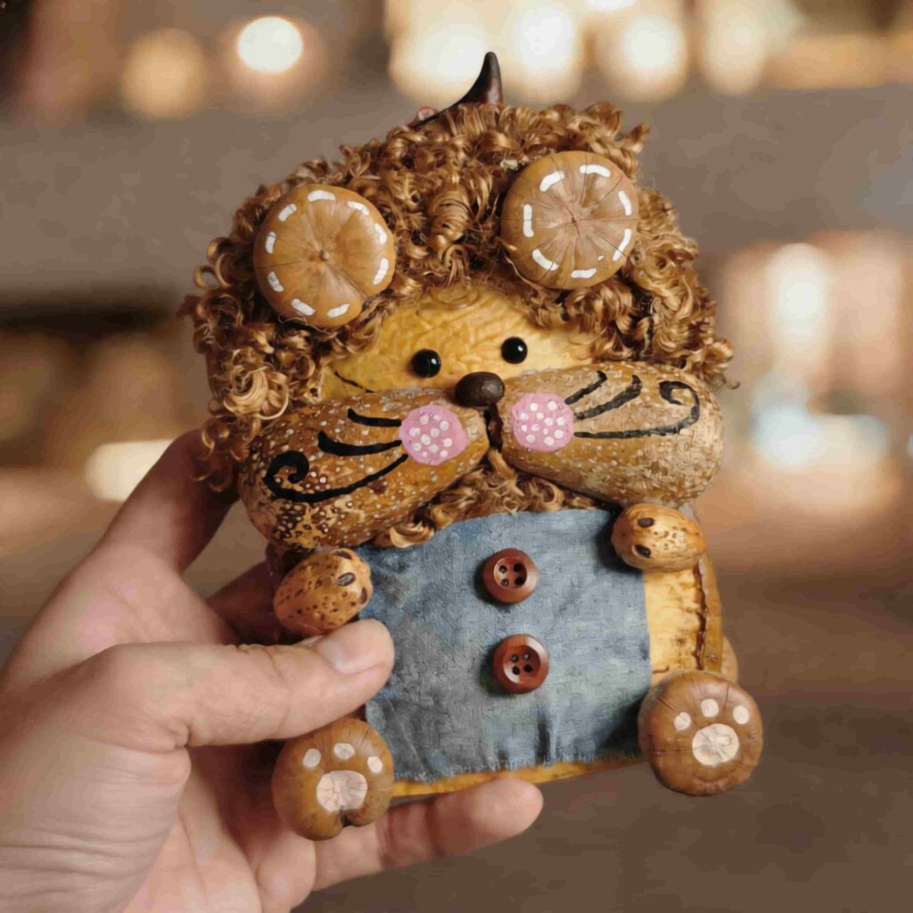 Handmade Curly Whisker Hamster pod doll with fluffy brown curls, rosy cheeks, whisker details, and a soft blue apron-style outfit