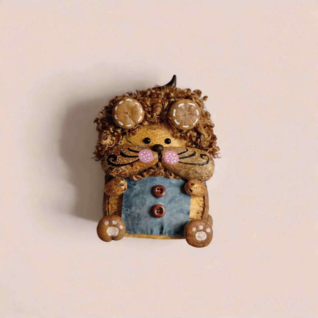 Handheld Curly Whisker Hamster pod doll showing curly textured hair, rounded ears, whisker face details, and cozy woodland handmade styling