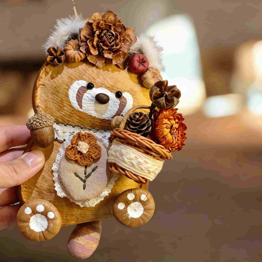 Handmade Woodland Bouquet Red Panda pod doll being held in hand with a tiny flower basket and woodland floral details