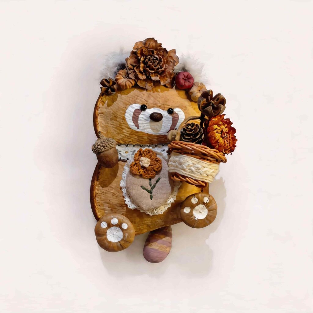 Woodland Bouquet Red Panda pod doll with fluffy ears, flower basket, acorn detail, and warm forest-inspired styling on a plain background