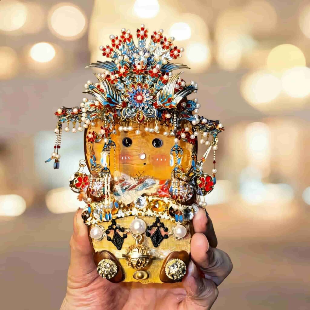Handheld close-up of a pod doll wearing a dramatic phoenix-style crown with pearl tassels and red floral accents