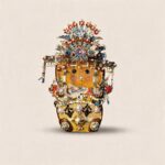 Front view of a regal handmade pod doll with elaborate Chinese opera inspired headpiece and symmetrical decorative details