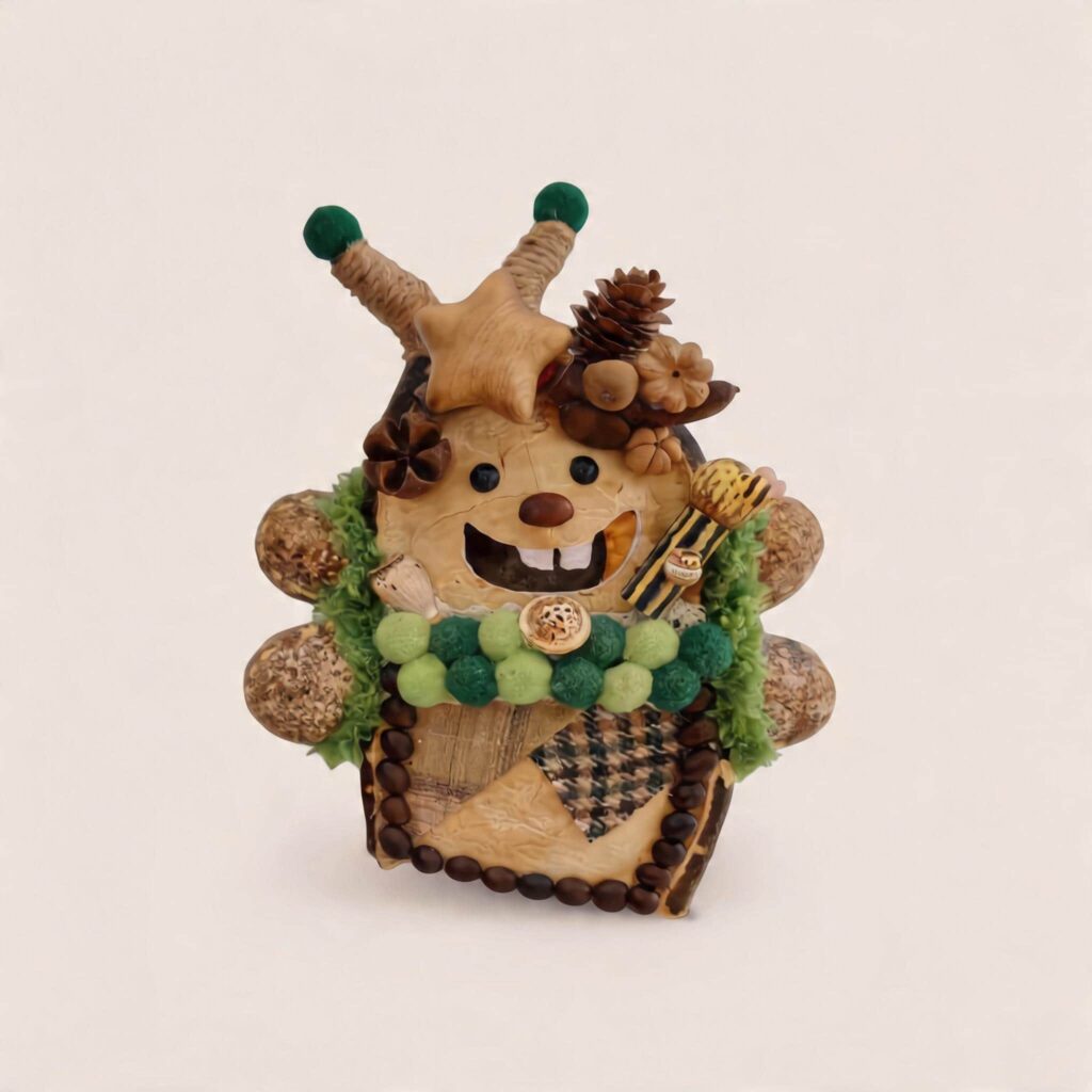 Close-up of a woodland-inspired pod doll with cheerful smile, green pom accents, and rustic handmade textures