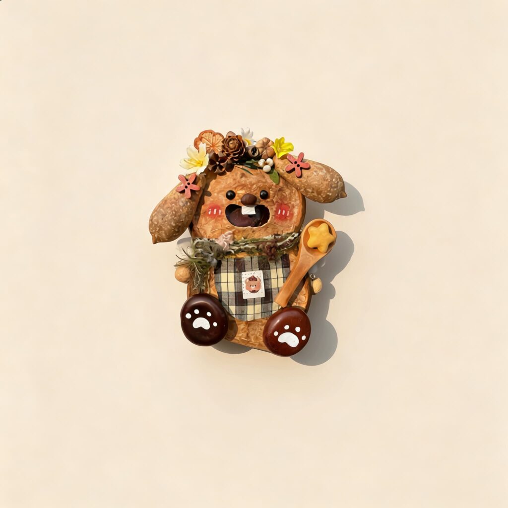 Front view of an open-mouth bunny baker pod doll with floral details, plaid apron, and wooden spoon