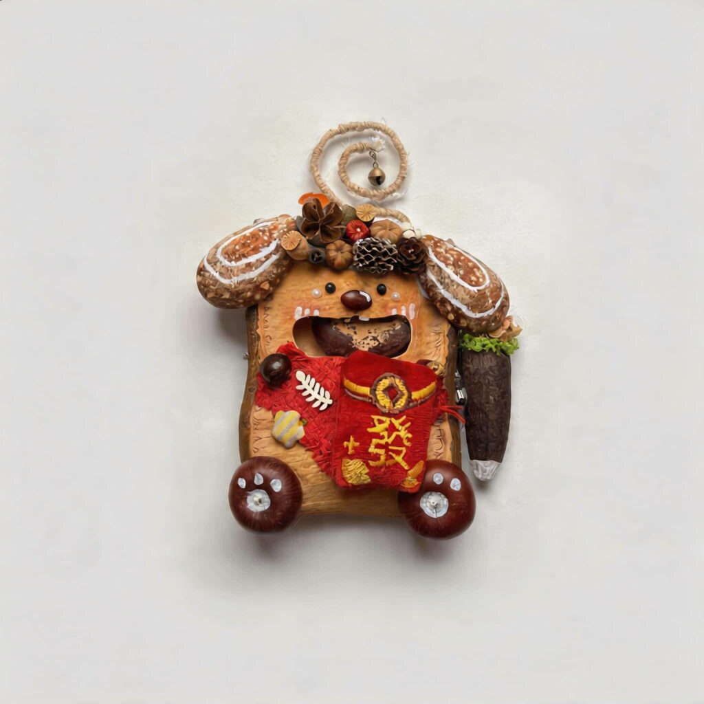 Close-up of a handmade festive pod doll showing textured details, lucky red accents, and expressive open-mouth design