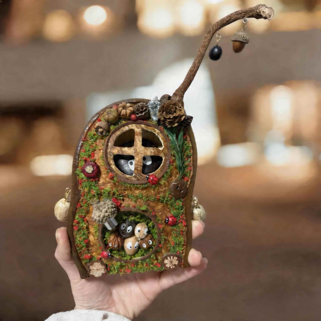 Close-up of a handmade festive pod doll showing textured details, lucky red accents, and expressive open-mouth design