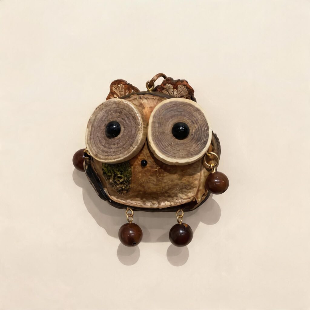 Front view of a handmade owl ornament made from a natural pod shell with oversized circular wood eyes