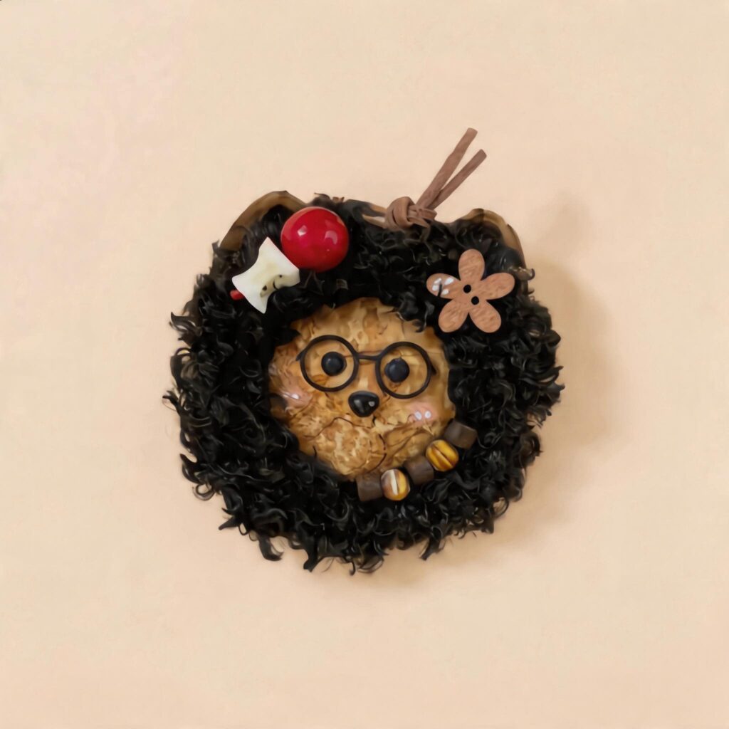 Handmade Midnight Scholar pod doll with black curly hair, round glasses, and warm storybook character details