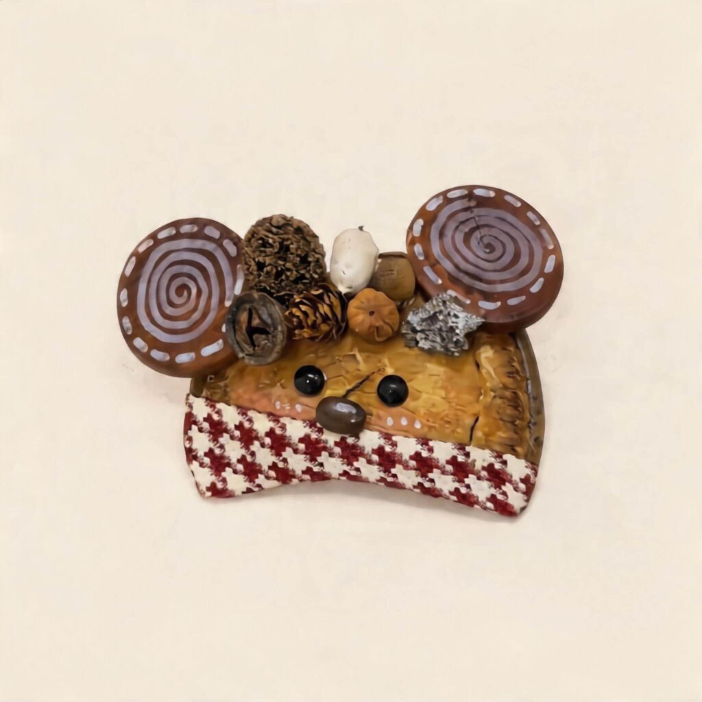 Cinnamon Whisker Mouse pod doll handmade with spiral ears, woodland seeds, and a houndstooth-style scarf