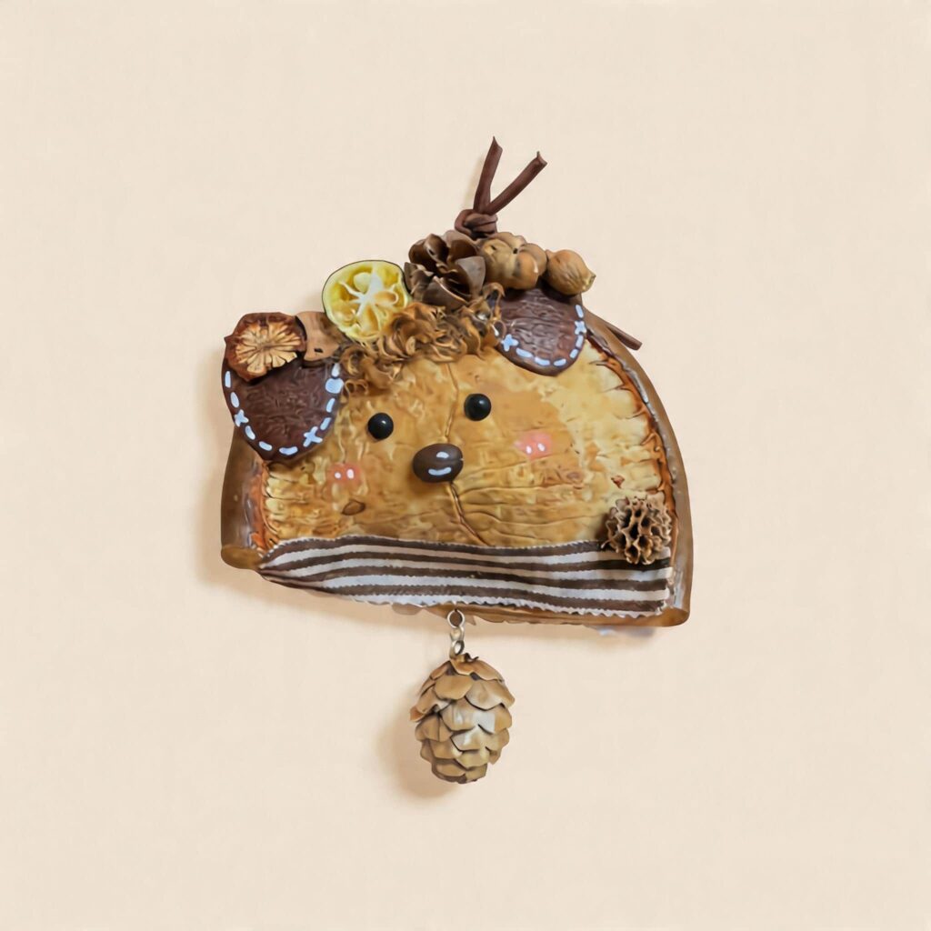 Front display of Citrus Walnut Mouse Pod Doll with dried citrus detail and round stitched ears
