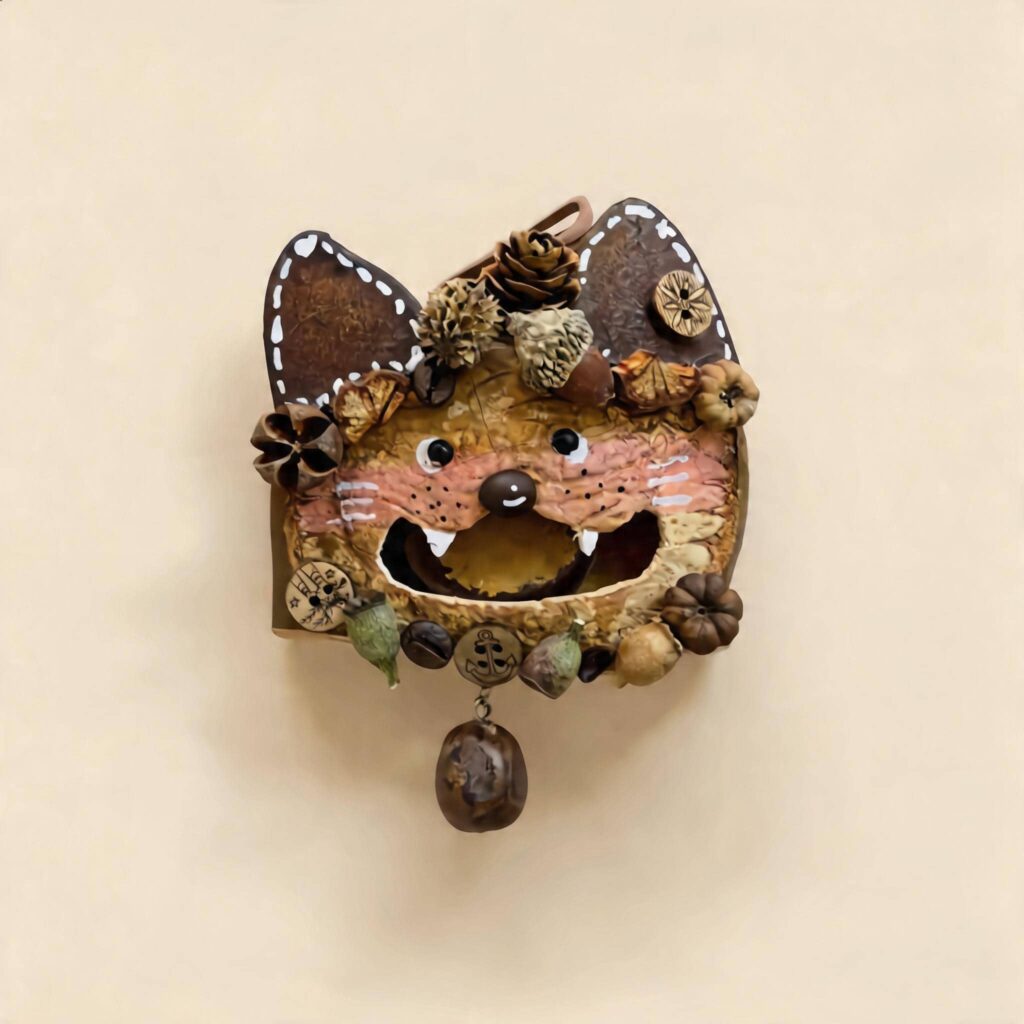 Open-Mouth Pod Doll Woodland Fox front view with pointed ears, pinecone crown, rosy whisker cheeks, and open-mouth expression
