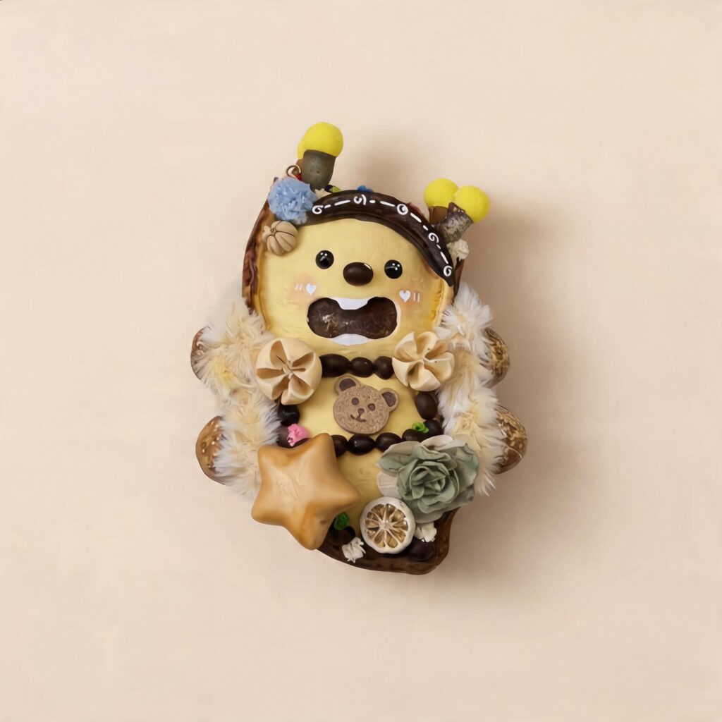 Front view of open-mouth pod doll with fluffy trim, star accent, and bear charm