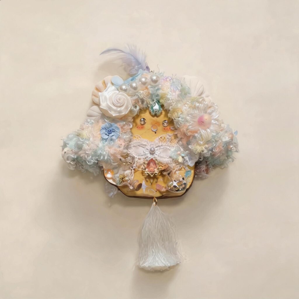 Front view of floral pod doll with dreamy pastel flower details, pearl accents, and white tassel