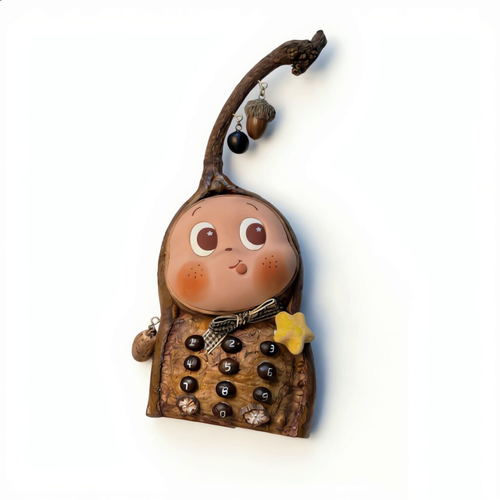 Acorn Phone Pod Doll finished doll front view with branch stem hanging acorn and keypad details