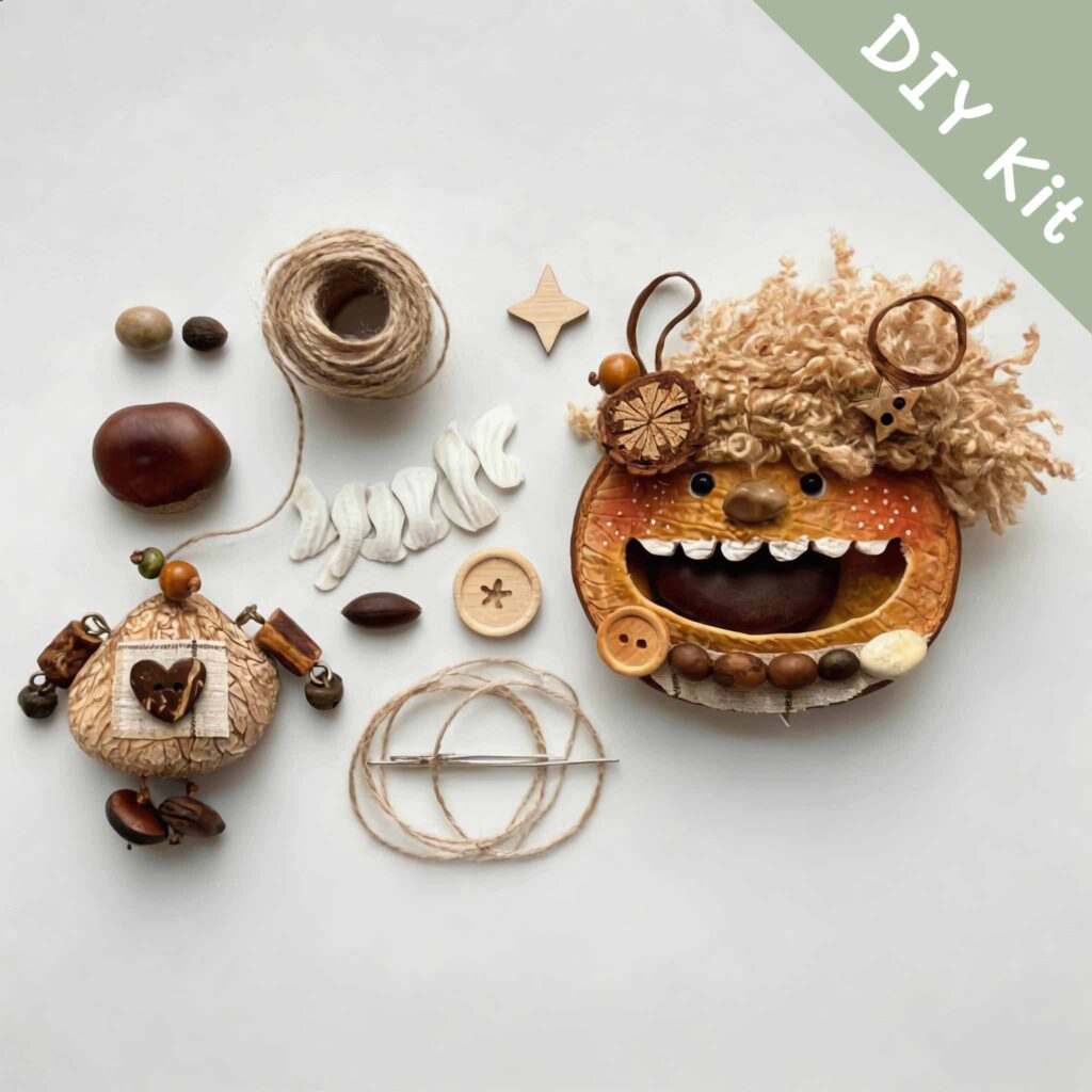 DIY kit materials for Open-Mouth Pod Doll Charm Hazel Giggle arranged on a neutral background beside the finished design