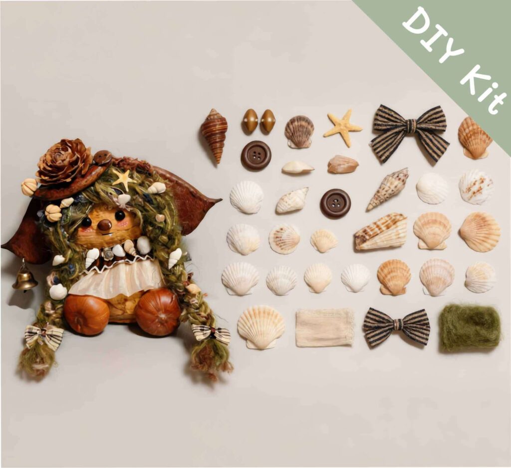 Tidebell Shell Girl Pod Doll DIY kit flat lay with seashells ribbon bow and crafting materials