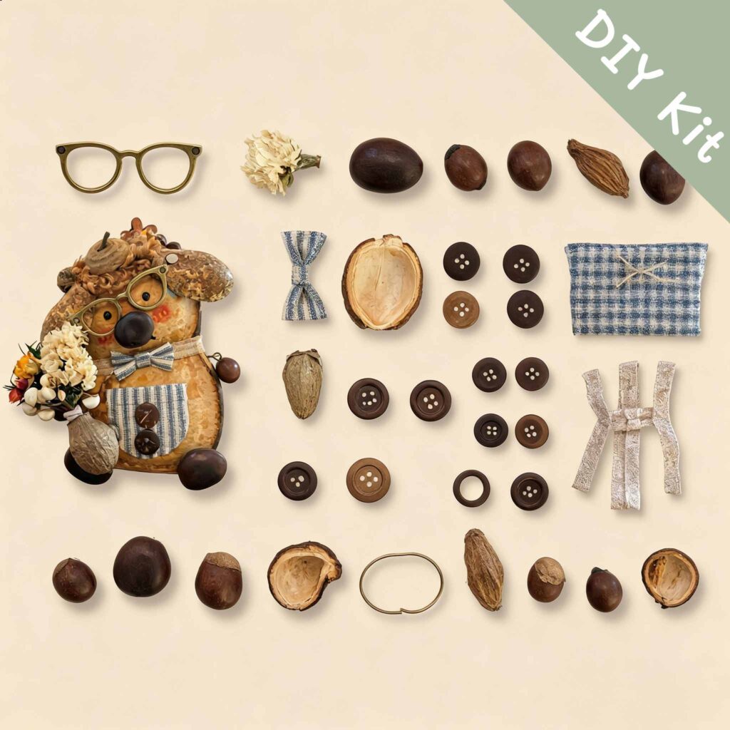 Bouquet Pup Pod Doll DIY kit flat lay with glasses fabric pieces buttons and handmade materials