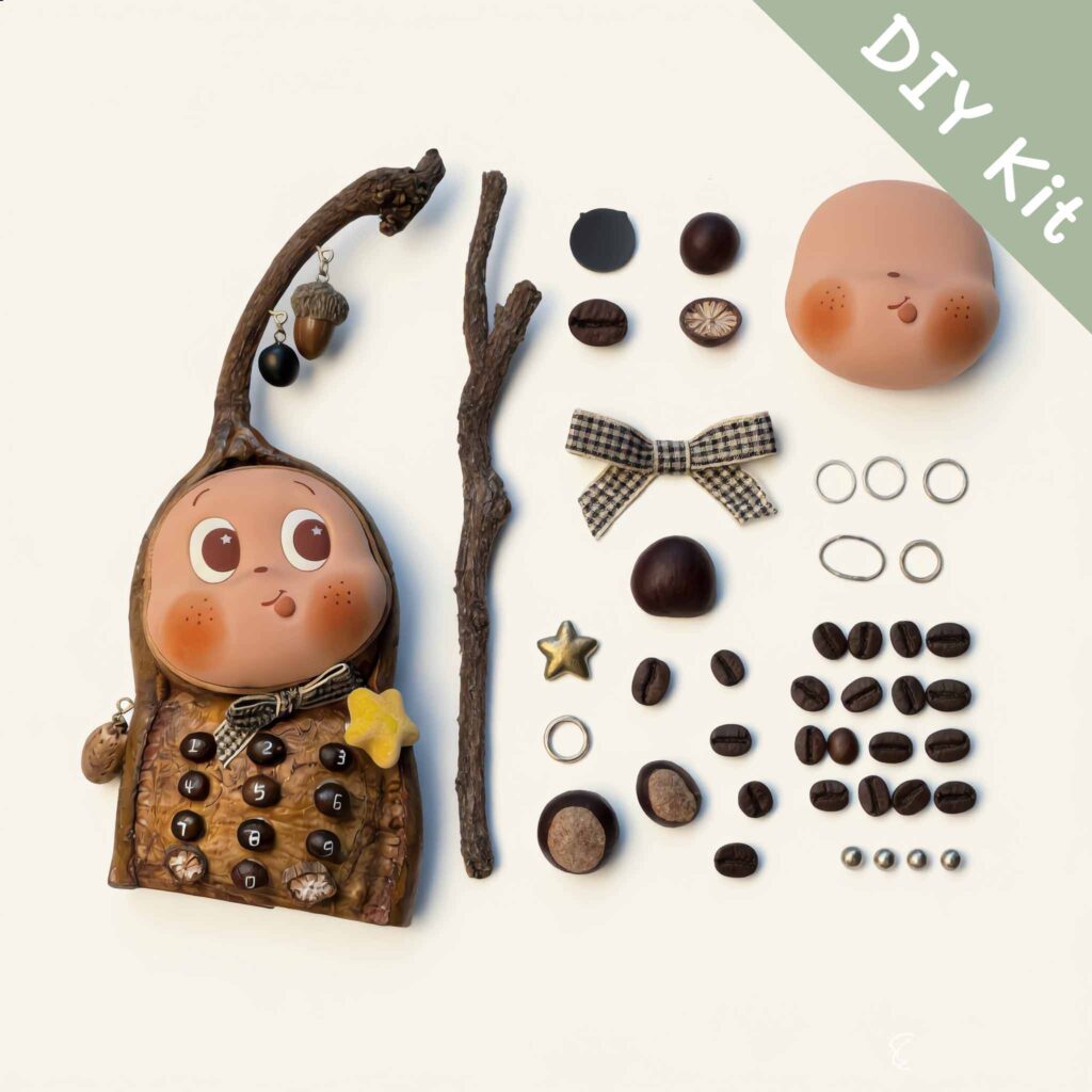 Acorn Phone Pod Doll DIY kit flat lay with prepared materials branch parts face piece and decorative components