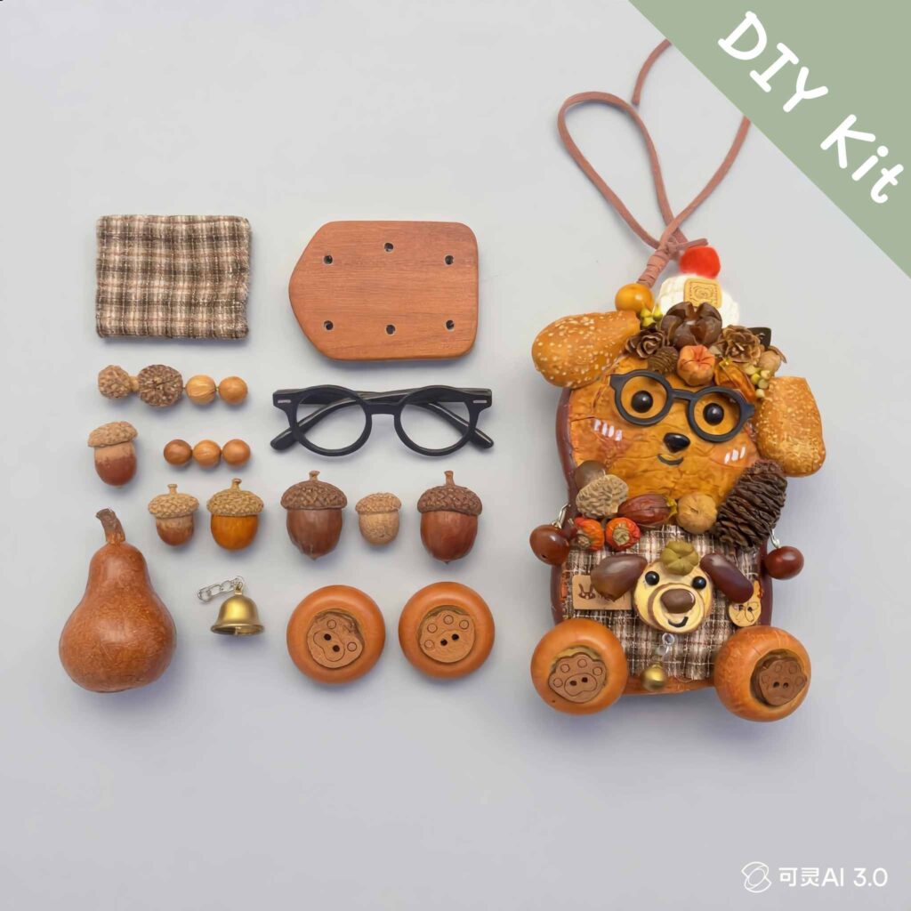 Handmade Forest Scholar Wagon pod doll with round black glasses, plaid body, and woodland seed details on a neutral background