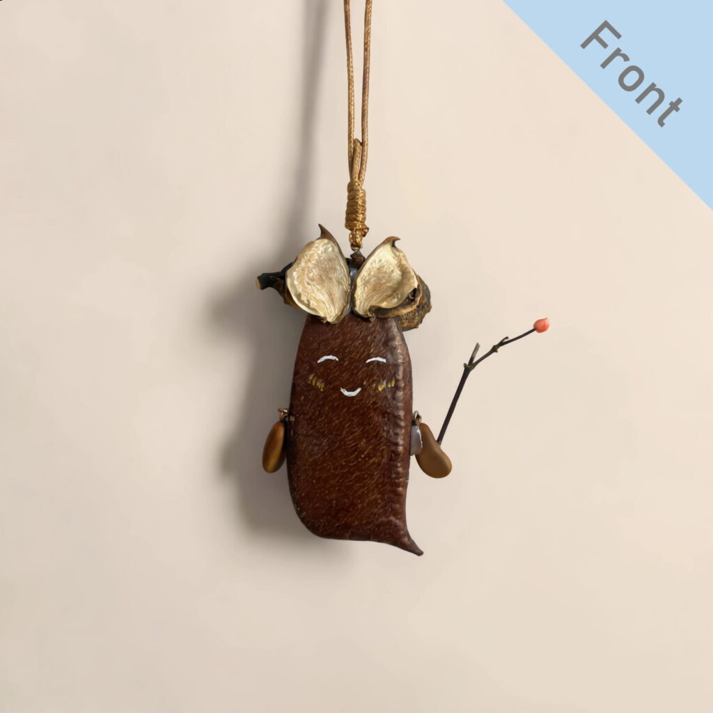 Double-Sided Pod Doll Twig Blossom Sprite front view with calm smiling face and twig detail hanging on display