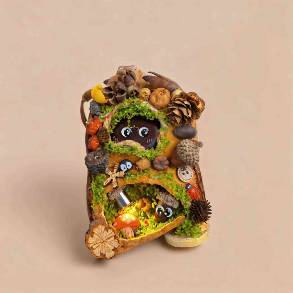 Handmade woodland pod doll front view with glowing miniature mushroom and mossy interior details