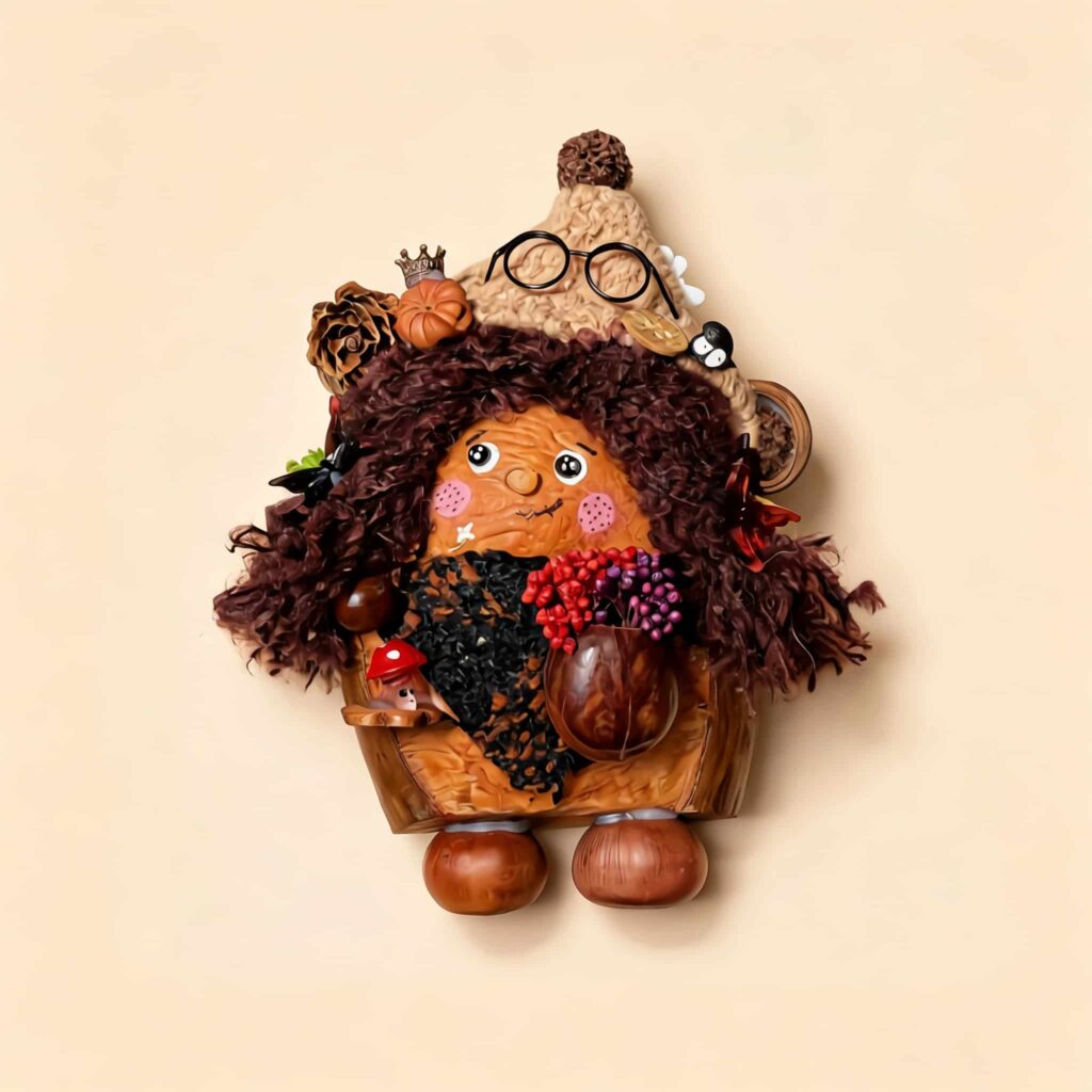 Autumn Witch Pod Doll Bramble Scholar finished doll front view with curly brown hair pointed hat glasses and woodland details
