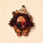 Autumn Witch Pod Doll Bramble Scholar finished doll front view with curly brown hair pointed hat glasses and woodland details