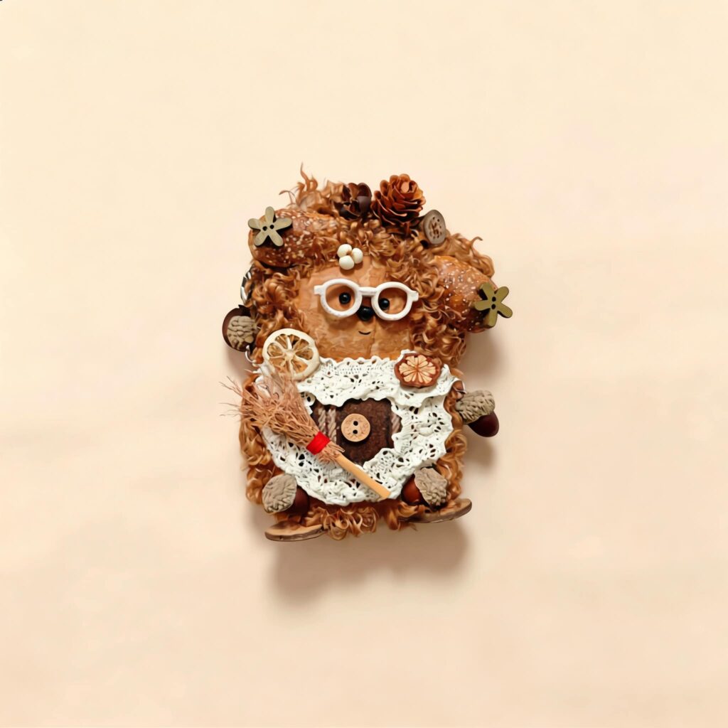 Hearthkeeper Bear Pod Doll finished doll front view with white glasses lace apron broom and woodland details