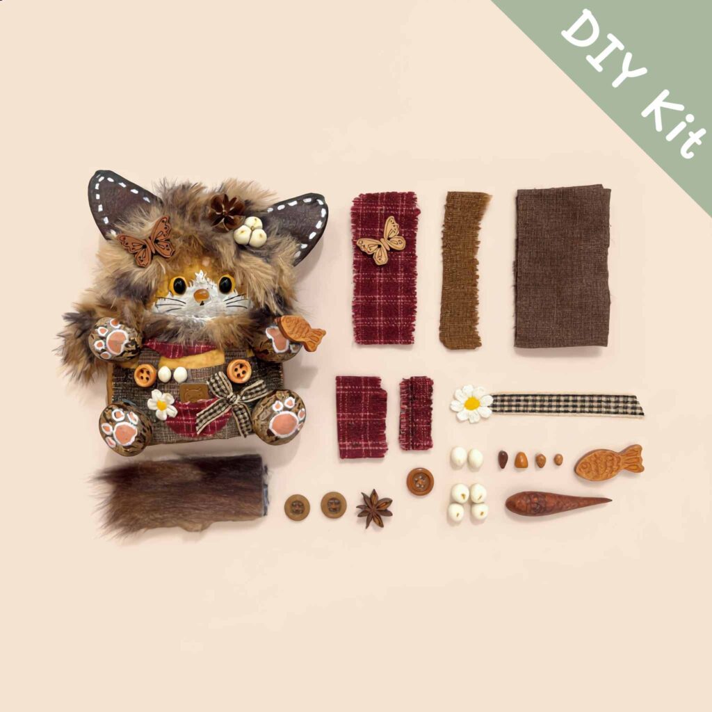 DIY Kit layout for Pod Doll Owl with butterfly materials, fabrics, and buttons