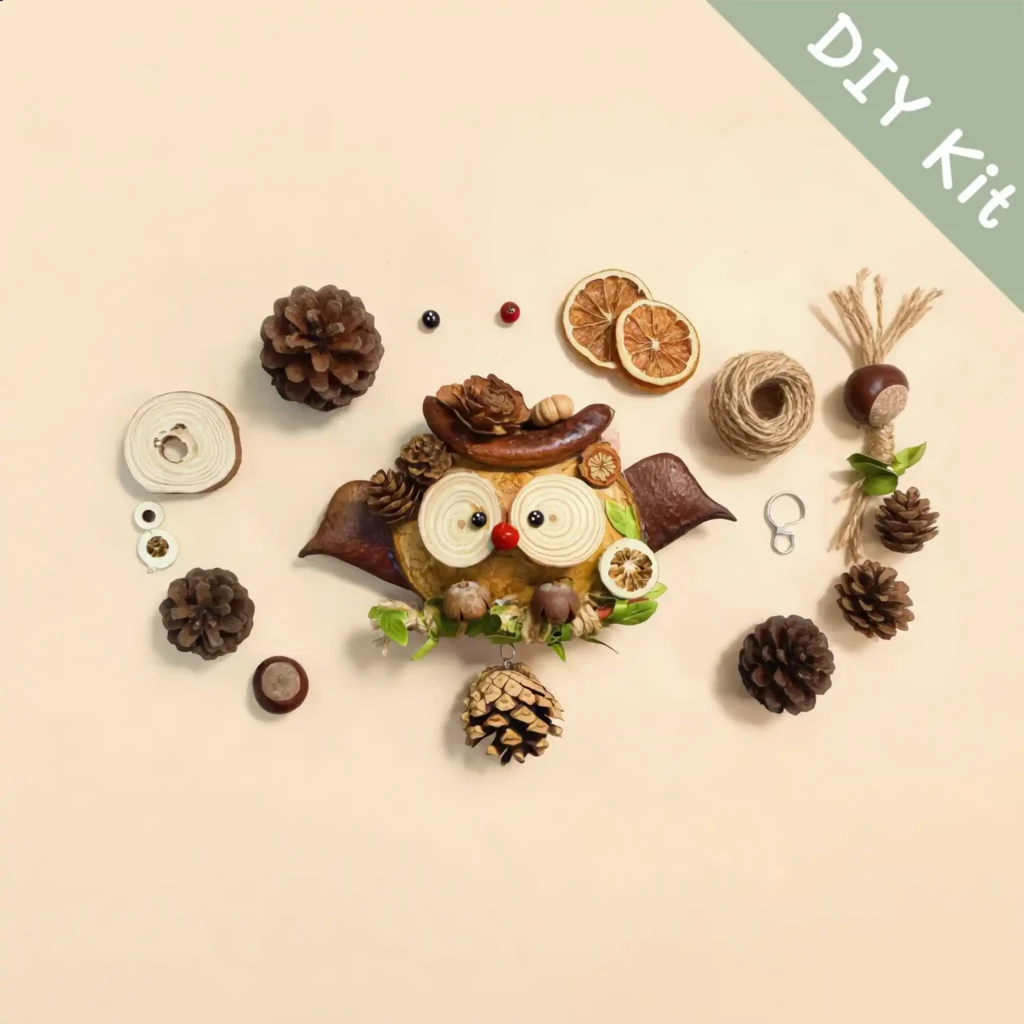 DIY Kit for Rudolph Reindeer Pod Doll showing seed pods and wood slices