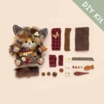 DIY Kit layout for Pod Doll Owl with butterfly materials, fabrics, and buttons