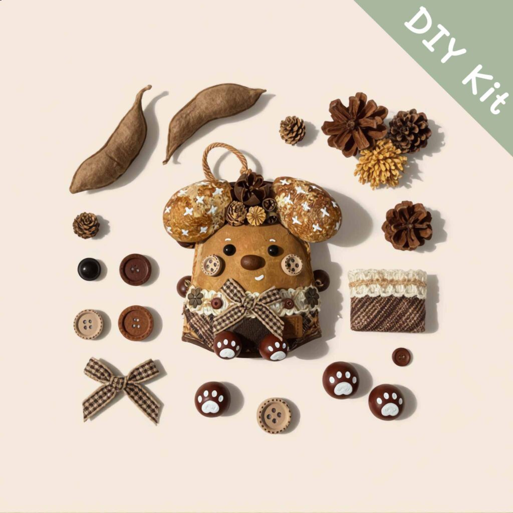 DIY Kit for Brown Deer Pod Doll – materials laid out