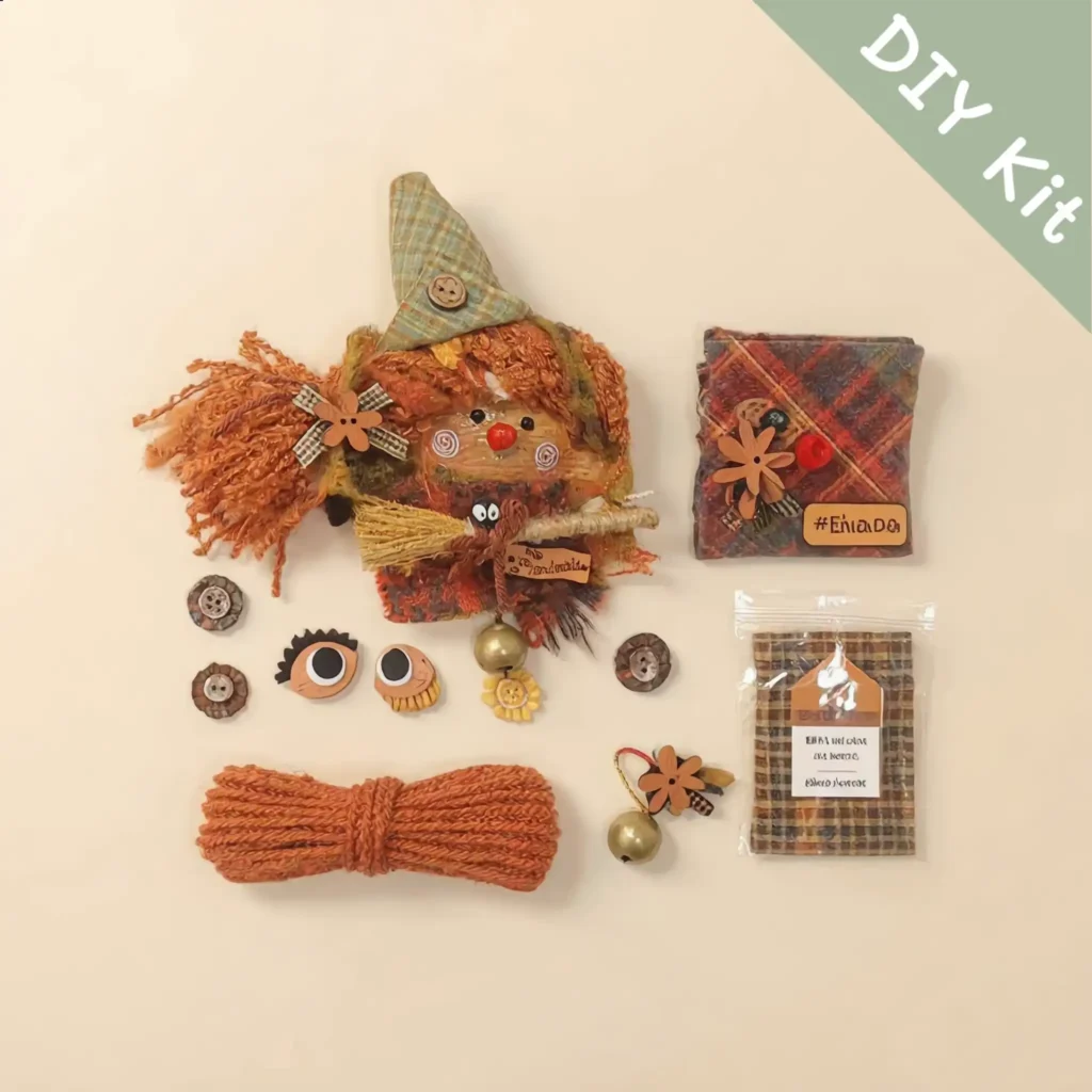 DIY Kit for Pod Doll – Autumn Scarecrow laid out with materials