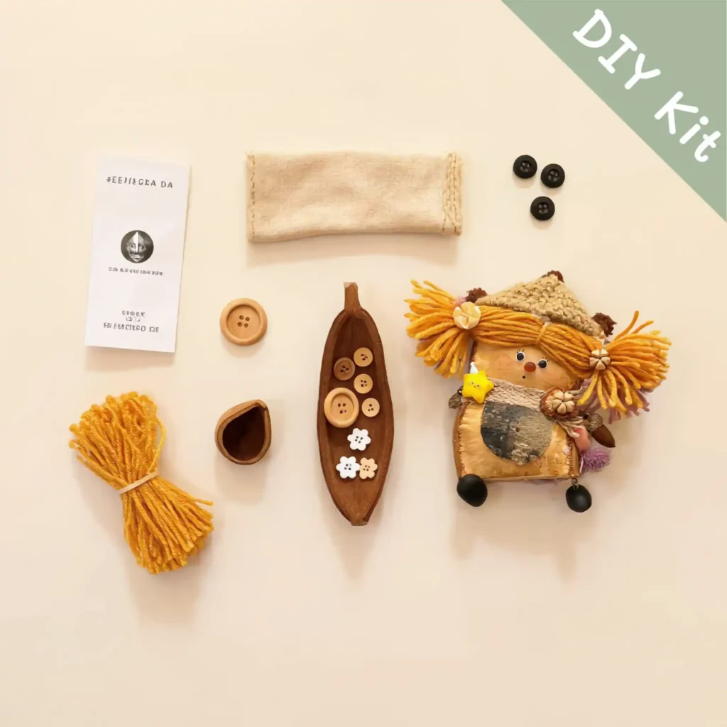 DIY Kit showing material kit for Pod Doll – Orange Yarn Hair