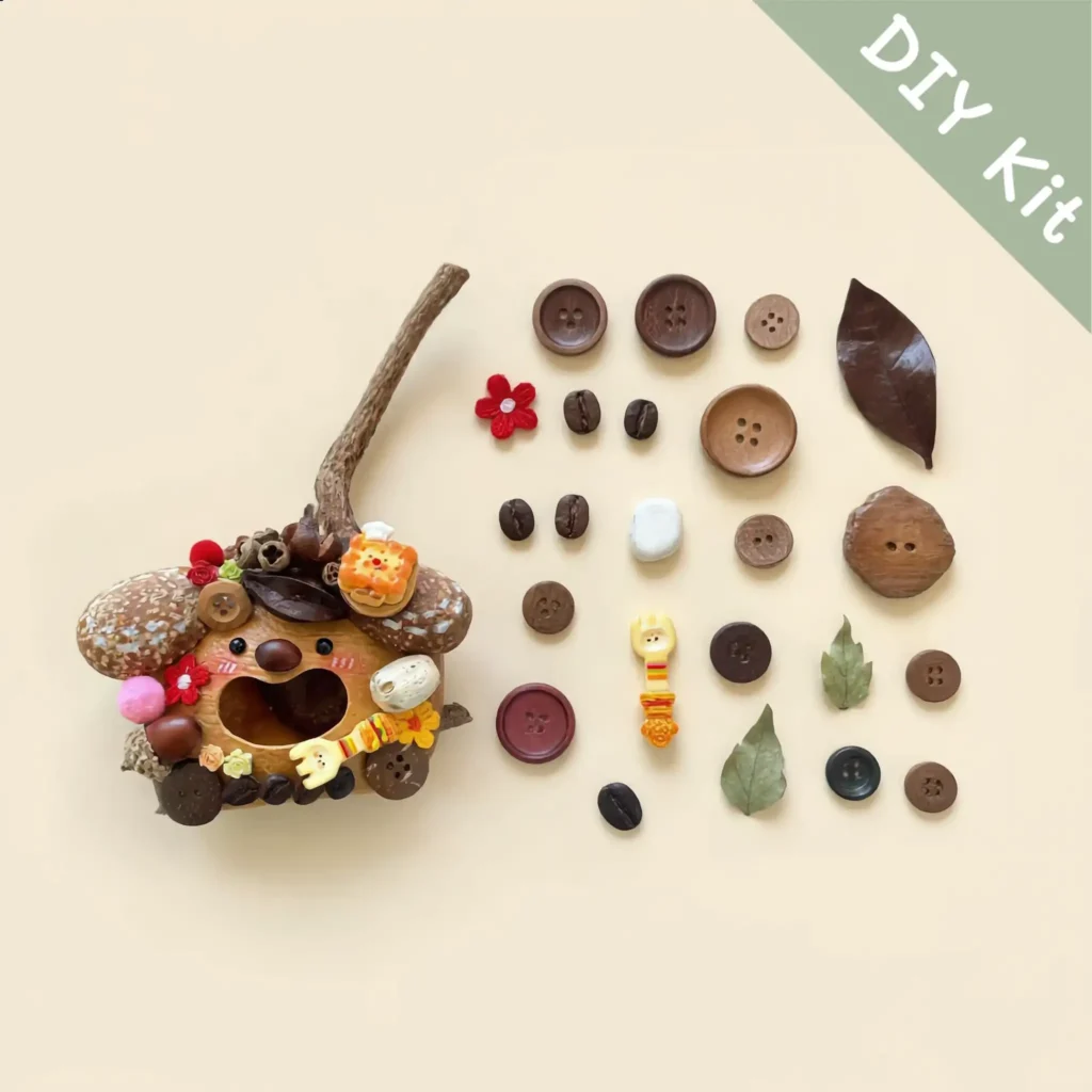 DIY Kit image showing material kit for Open-Mouth Pod Doll – Button-eyed Forest Creature