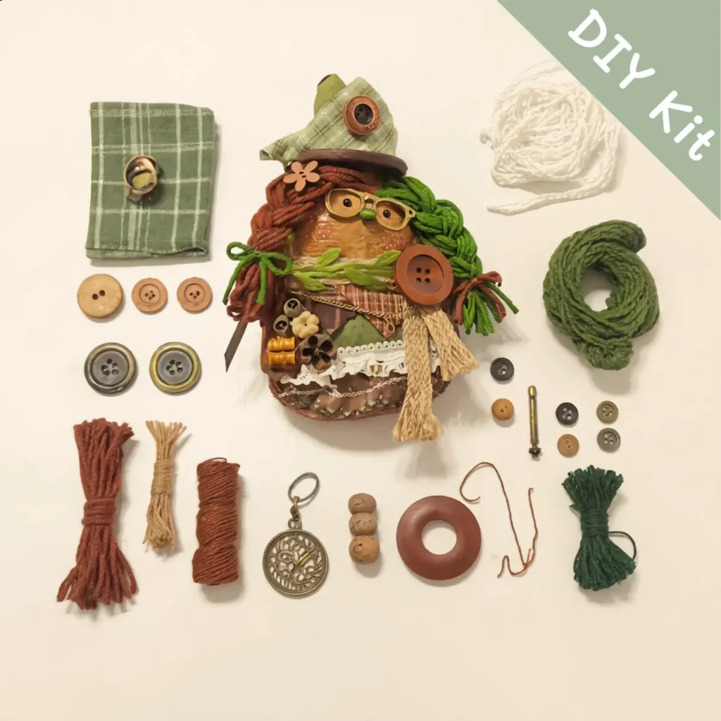 DIY Kit contents laid out flat for Patchwork Forest Friend Pod Doll