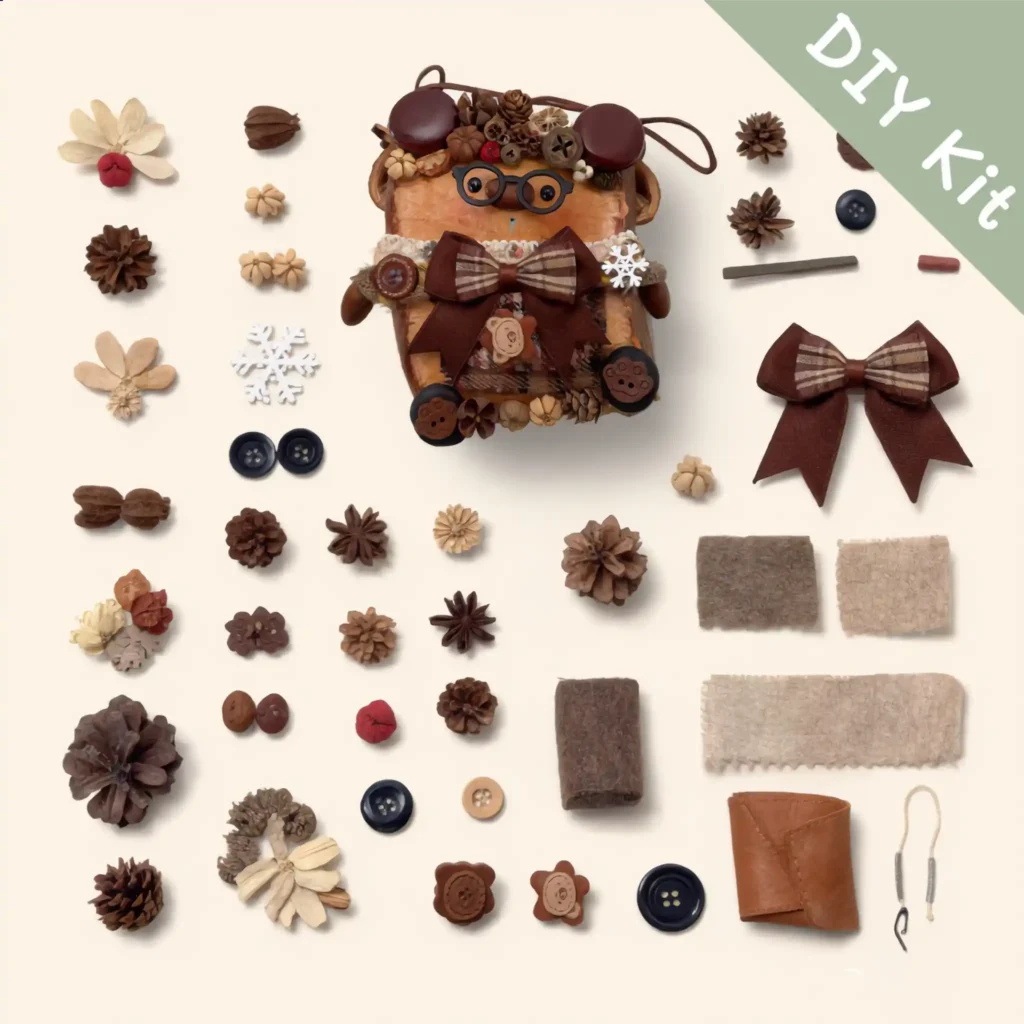 Pod Doll DIY Kit laid out – seed pods, ribbons, buttons