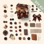 Pod Doll DIY Kit laid out – seed pods, ribbons, buttons