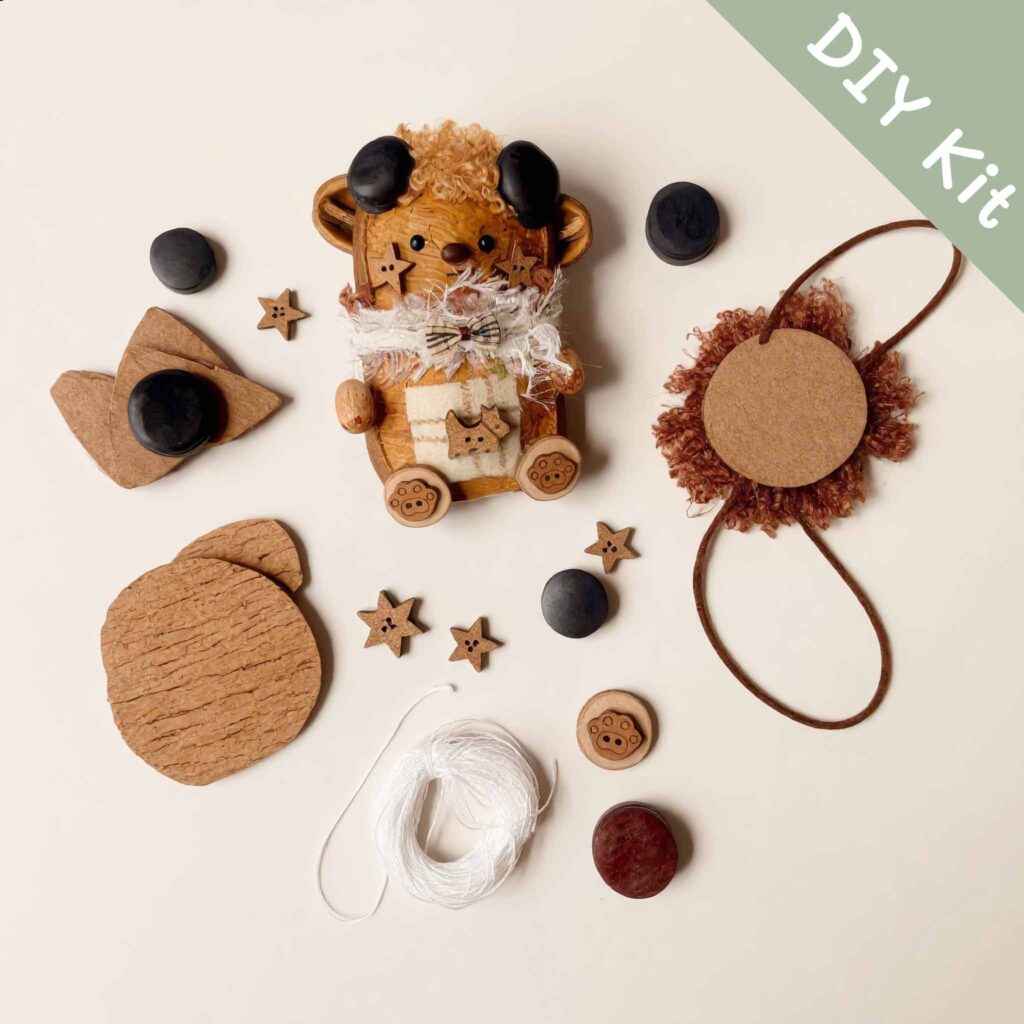 Brown Bear Pod Doll DIY Kit layout showing materials