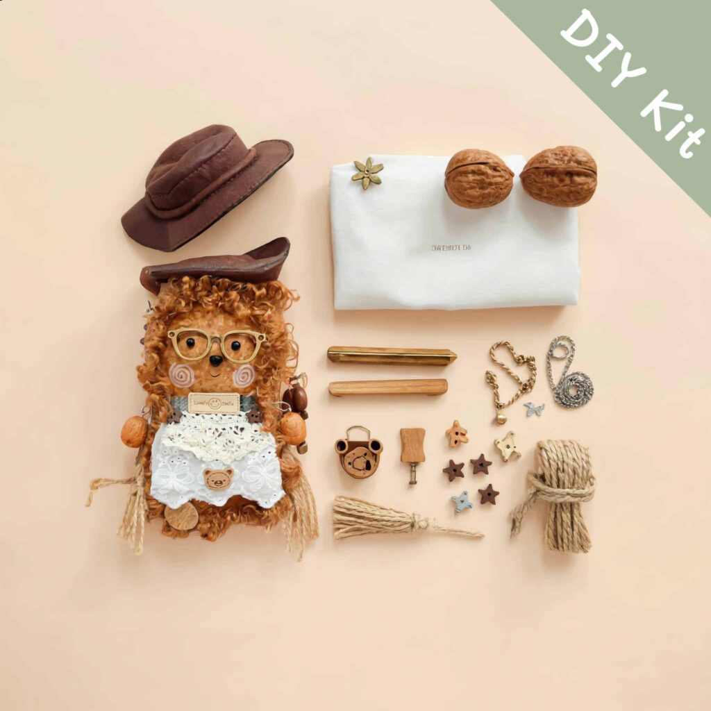 DIY Kit for Pod Doll laid out, showing seed-pod parts, accessories, and packaging.