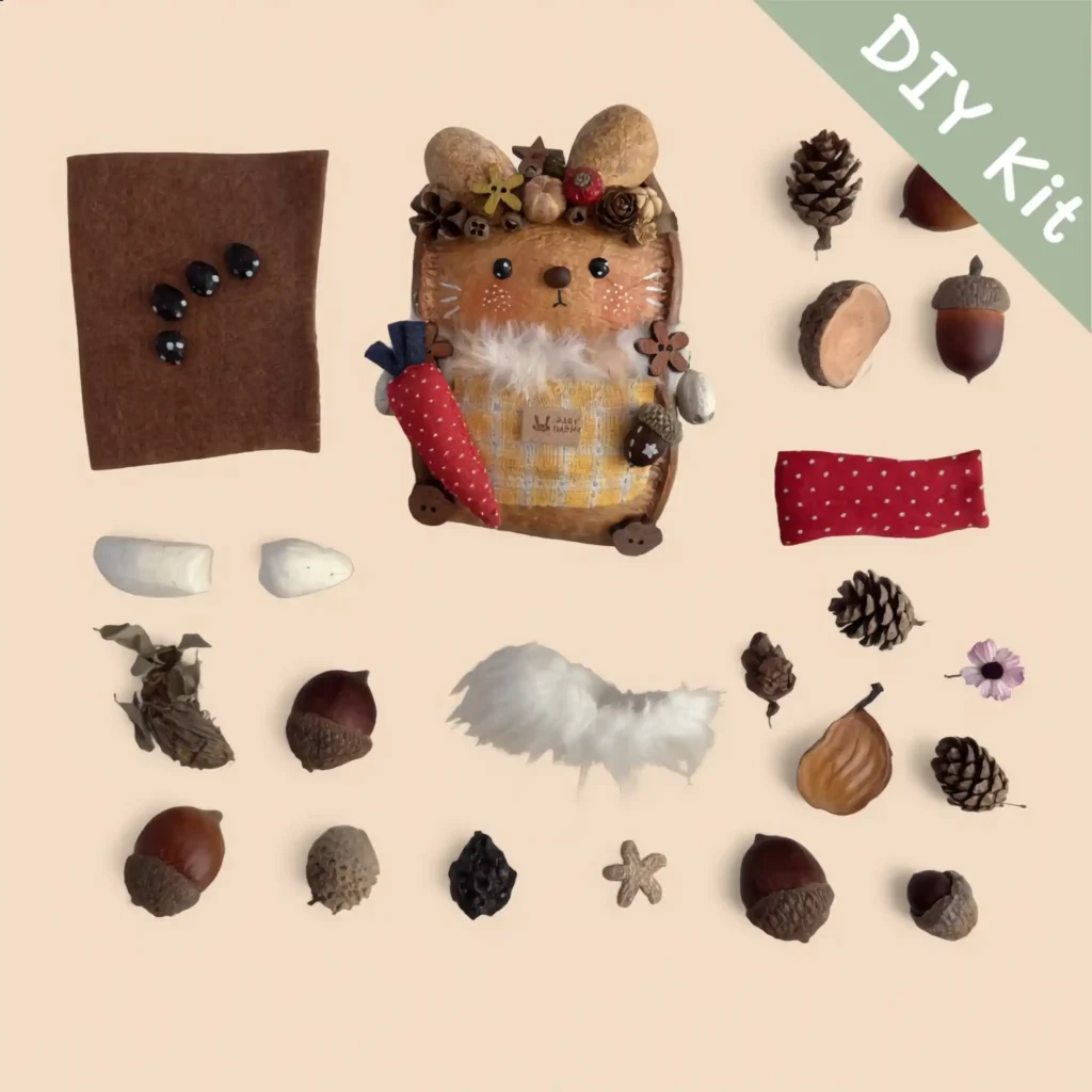 DIY Kit flat-lay with seed pods, fabrics and decorative elements