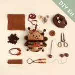 DIY Kit for Open-Mouth Pod Doll – Floral Bear laid out with components