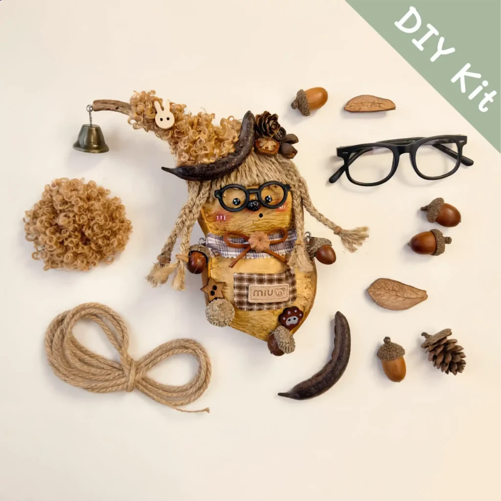 DIY Kit image showing materials laid out for Poddolls Bird with Glasses