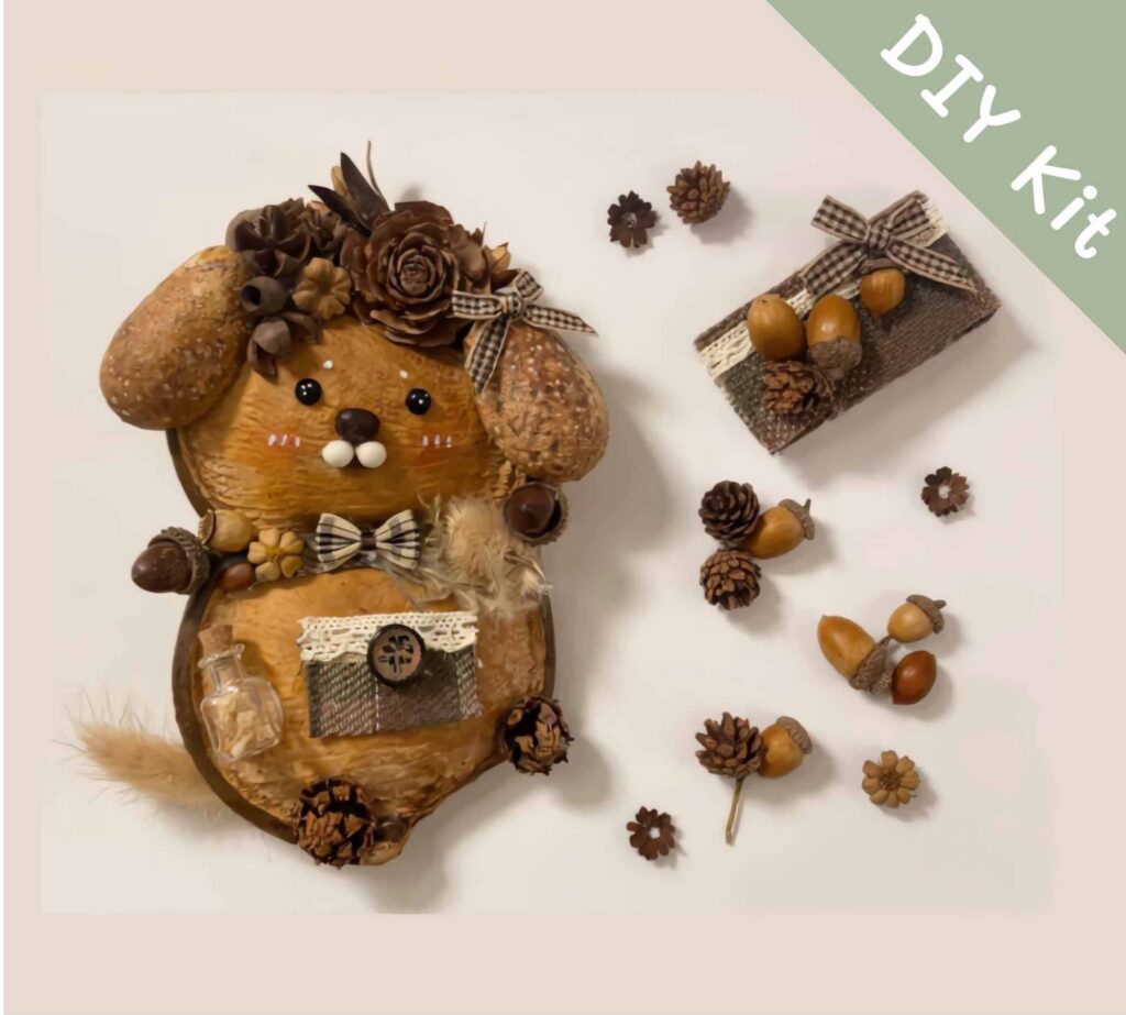 DIY Kit for Pod Doll – Pinecone Crown Bear laid out